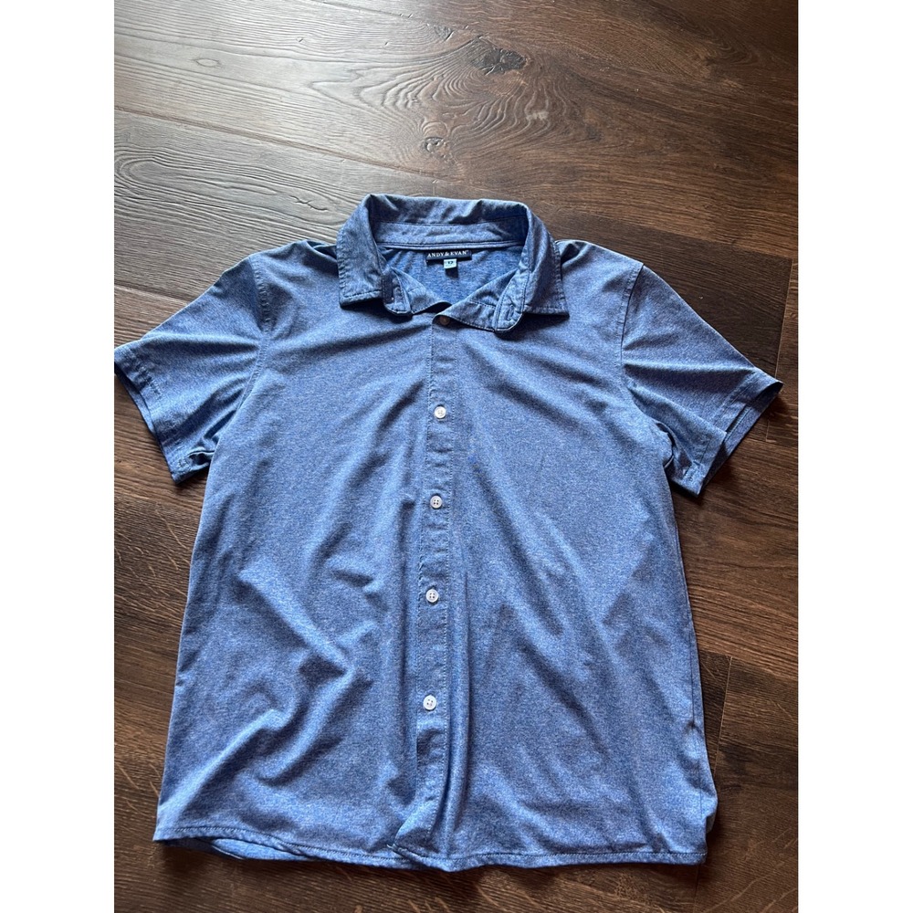 Andy & Evan Boys Blue Heathered Space Dye Short Sleeve Button Down Shirt Size 12